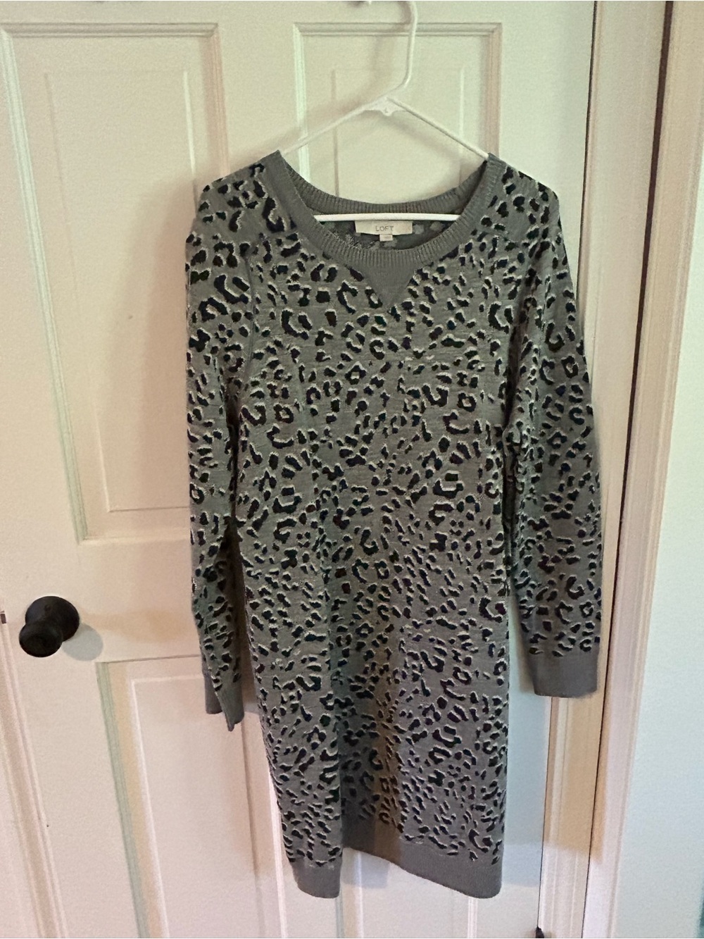 LOFT Olive Green Animal-Print Long Sleeve Sweater Dress